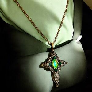 Elegant Green, Gold, and Bronze toned Cross Pendant Necklace